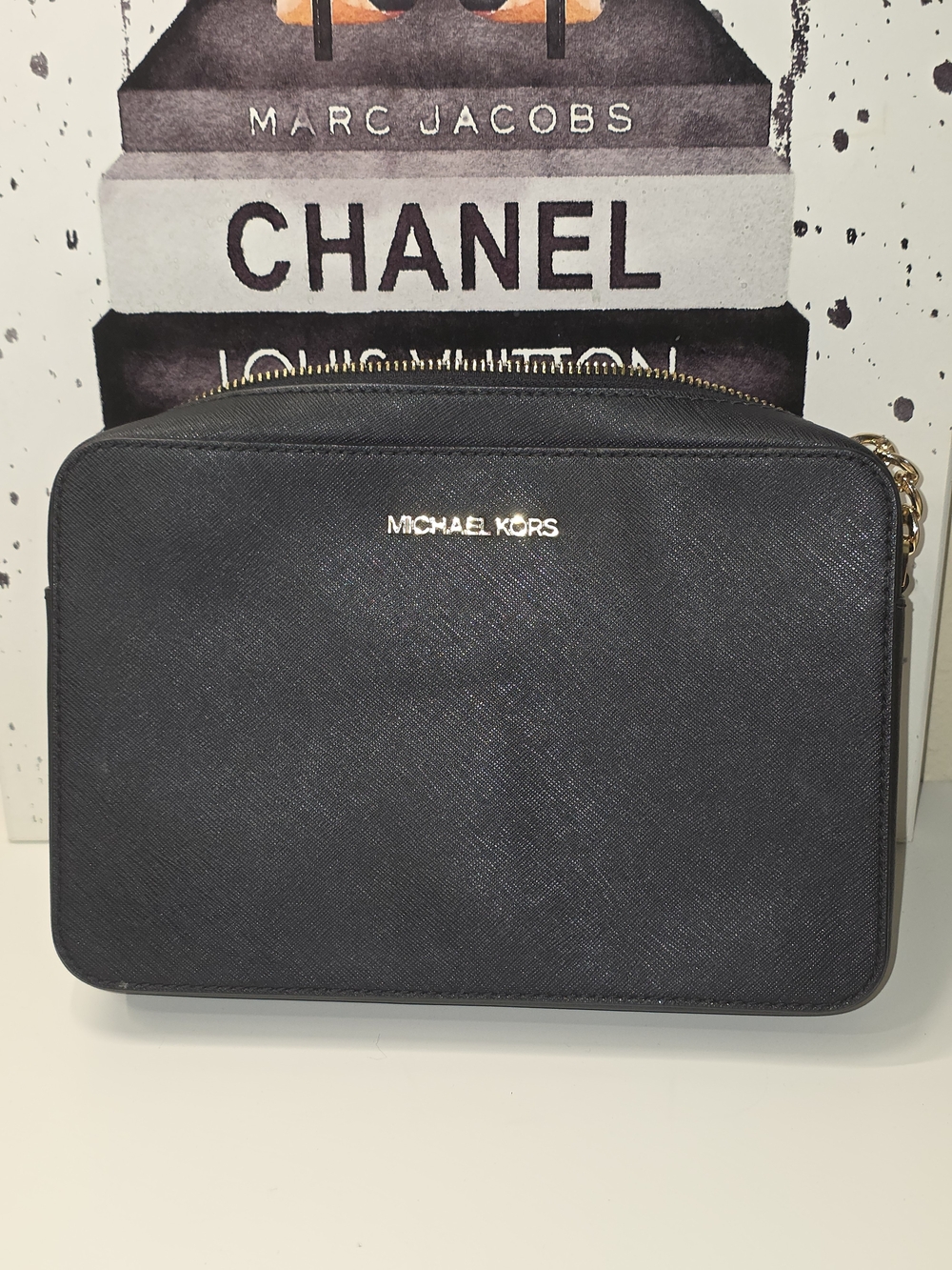 Michael Kors Jet Set Black Saffiano Crossbody with Gold Hardware